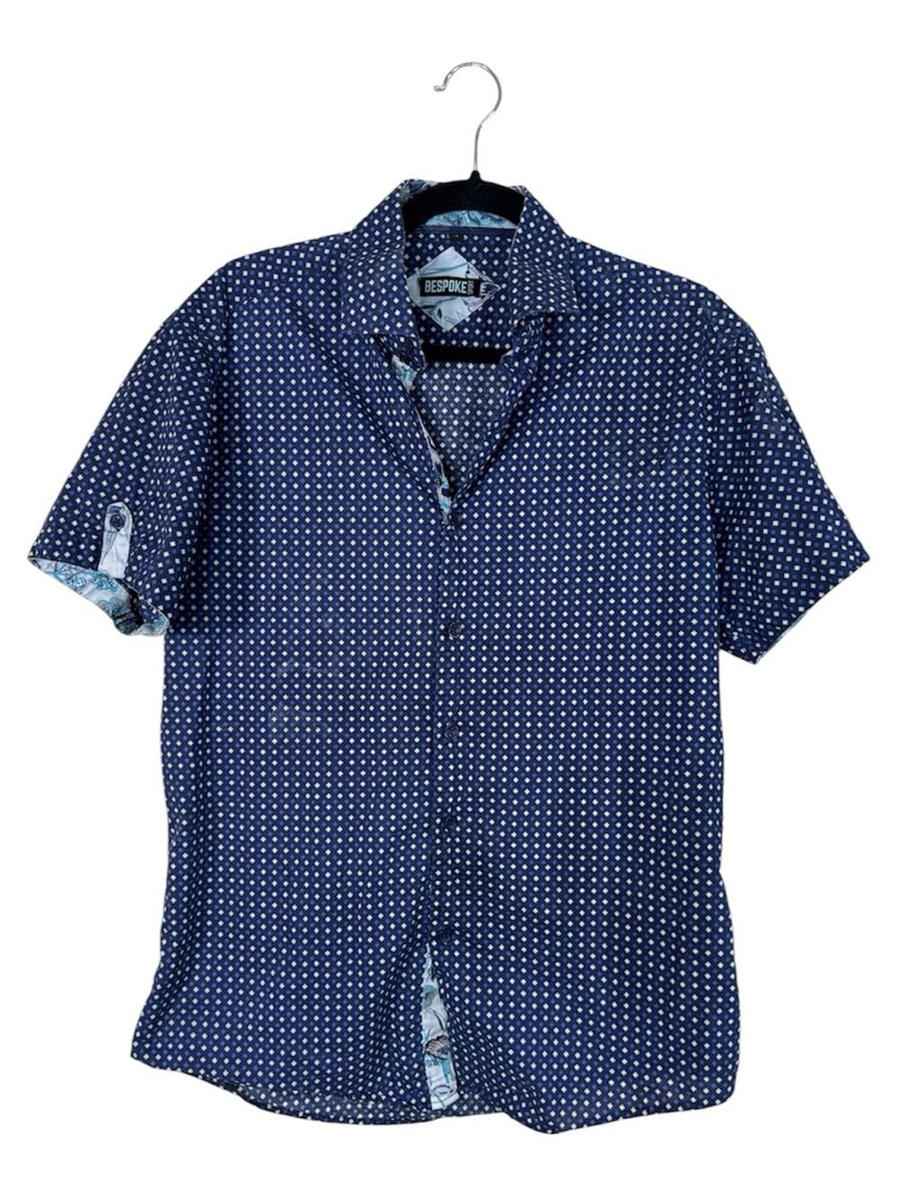 Bespoke Blue Geometric Print Short Sleeve Button Down Shirt Mens M Casual Preppy